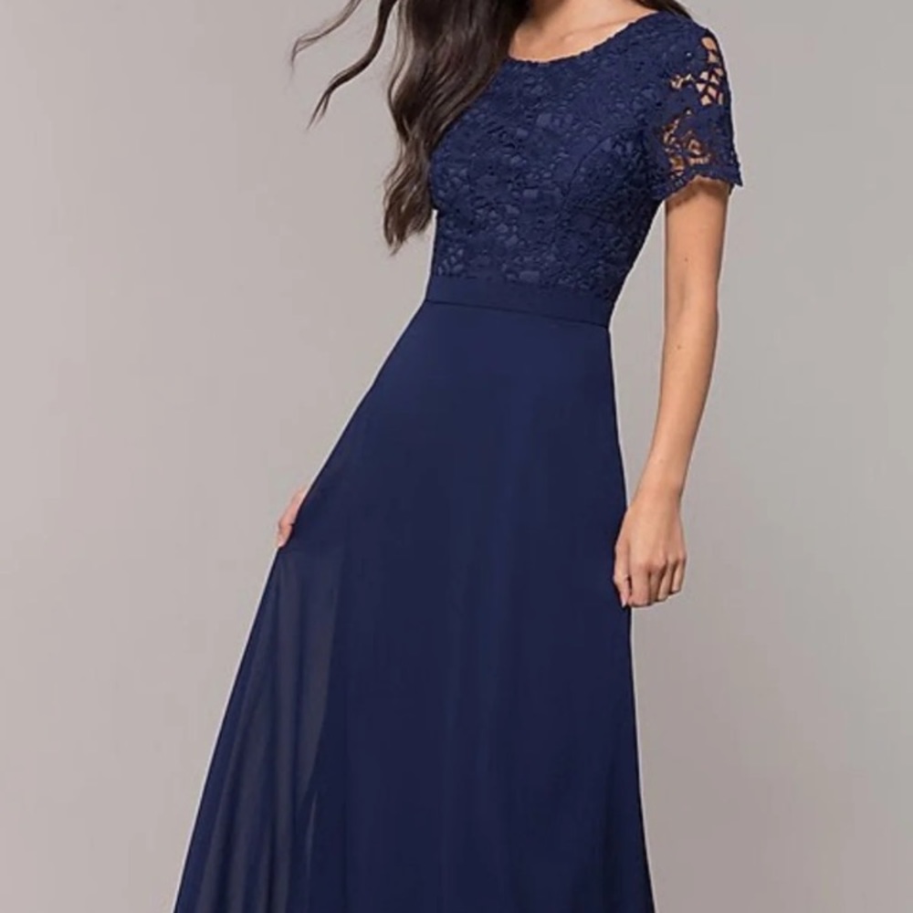 short-sleeve lace-bodice long dress